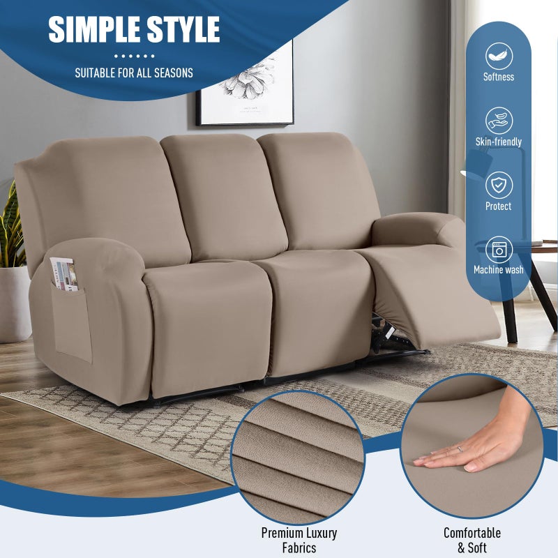 TAOCOCO Recliner Sofa Slipcover  3 Pieces Polyester Fabric Stretch Sofa Covers for 3 Seat Reclining Couch  Soft Washable Furniture Protector with Pockets (3 Seat  Khaki) - Image 2